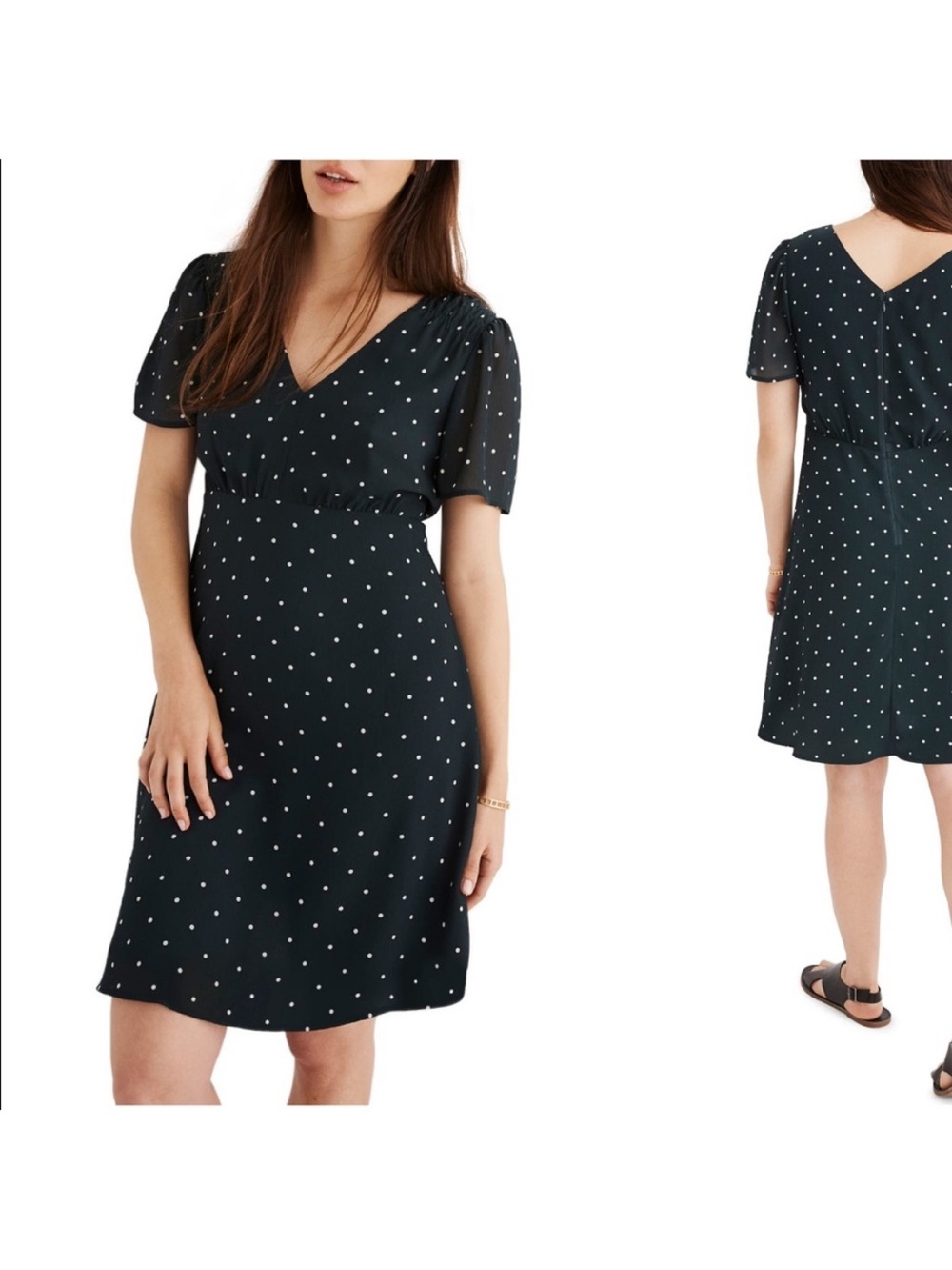 Madewell Women's  Green V-Neck Knee Length Polka Dot Dress